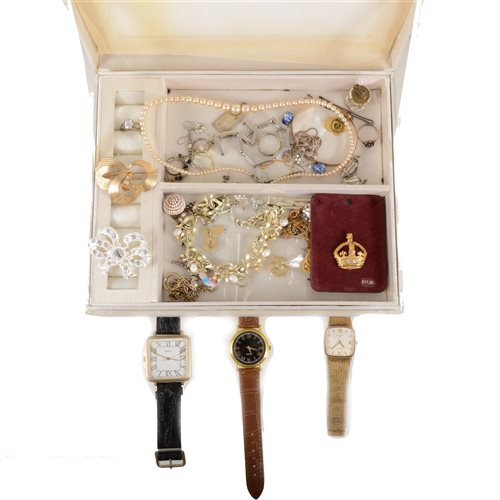 Lot 282 - Two boxes of vintage costume jewellery, brooches, pendant, bangles, bead necklaces and a tin of gentlemen's wrist watches .