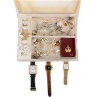 Lot 282 - Two boxes of vintage costume jewellery, brooches, pendant, bangles, bead necklaces and a tin of gentlemen's wrist watches .