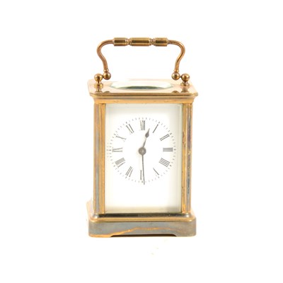 Lot 178 - Small French brass cased carriage clock, white enamelled dial, platform escapement, 11cm.