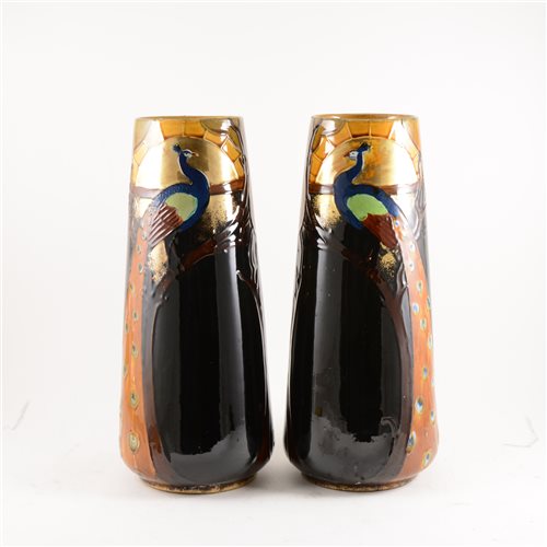 Lot 526 - A pair of Phoenix Ware vases with Peacock and Rising Sun, by John Forester & Sons