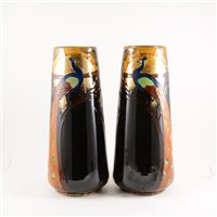 Lot 526 - A pair of Phoenix Ware vases with Peacock and Rising Sun, by John Forester & Sons