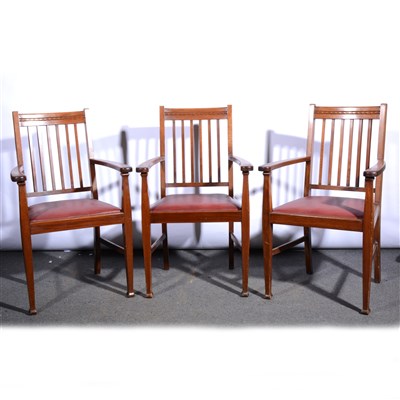 Lot 288 - Set of six stained wood elbow chairs, ...