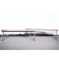 Lot 328 - Three Industrial teak top benches