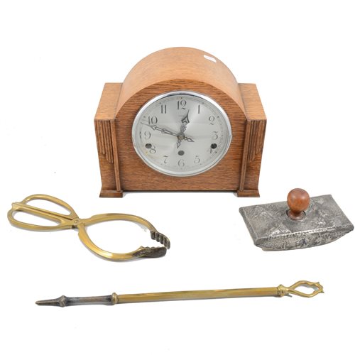 Lot 103 - Three ink blotters, glove stretchers, an oak cased Enfield mantel clock and fireside set.
