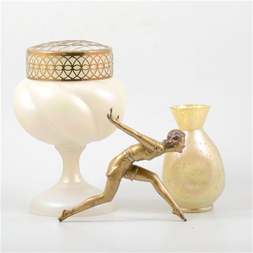 Lot 60 - Loetz type glass vase, an opalescent vase and a patinated spelter Art Deco figure, (3),.