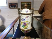Lot 17 - Pair of French gilt metal and painted enamel garniture urns.