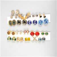 Lot 198 - Forty pairs of vintage clip on costume jewellery earrings, coloured and clear paste stones, to include earrings by Hattie Carnegie, Marcel Boucher, Weiss, Karu, Askew etc.