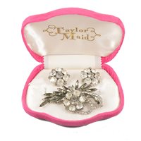 Lot 197 - A "Taylor Maid" vintage paste set brooch and matching earclips in original box, five paste set brooches - flower, butterfly, circular flower head design etc
