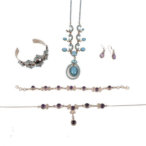 Lot 283 - A collection of modern costume jewellery, a suite of silver coloured jewellery set with amethyst - bracelet, necklace and earrings, paste set bangles