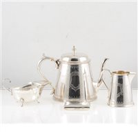 Lot 234 - An Elkington & Co silver-plated three piece teaset, a silver cut edge design sauce boat on three pad feet,  a plain silver pedestal bon bon dish. (3)