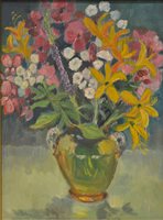 Lot 302 - Harry Shaw, Flowers in a vase, oil on board.