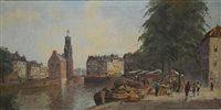 Lot 330 - Claude Thornbey, Flower Sellers, Bruges, signed, oil on canvas, 63cm x 122cm.
