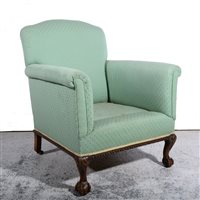 Lot 433 - An easy chair, celadon coloured cotton upholstery, on carved cabriole legs, width 80cm.