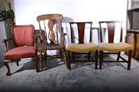 Lot 416 - Walnut elbow chair, elm and beech elbow chair, an oak single dining chair and one other,  (4).