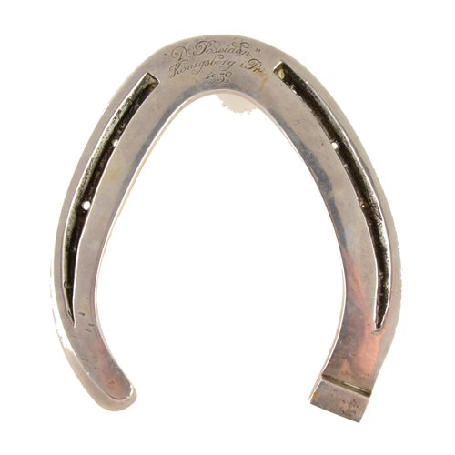Lot 159 - A Dutch silver horseshoe, maker's mark rubbed, engraved ' "D. Poseidon" Königsberg i. Pr. 1930' on front and 'Angeboten von Jacq. Pierot Jr. & Sohne, Rotterdam'