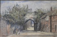 Lot 328 - F Gallagar "St Mary's Gateway Leicester" watercolour, 21cm x 34cm, signed and dated 1906, three other watercolours of historical Leicester including Prince Rupert's Gate signed RWC
