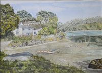 Lot 242 - Elizabeth Scott, "At St Clement" a watercolour of a river inlet and cottage, 24cm x 34cm, Sophie d'Ouseley Meredith A.R.W.A. "On The River Lea, Water End near Welwyn Herts,watercolour 17cm x 37cm, (2)