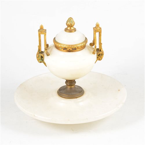 Lot 135 - A marble inkstand in the Empire style, 20cm high, a white metal pedestal teapot probably Norwegian circa 1860 with polished panelled body 17cm
