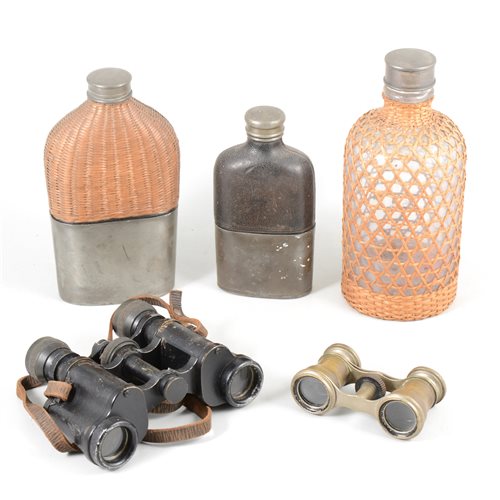 Lot 91 - Vintage binoculars, Franka camera, hip flasks, collar box, etc.