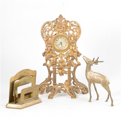 Lot 96 - German brass gilt framed mantle clock and other brass wares.