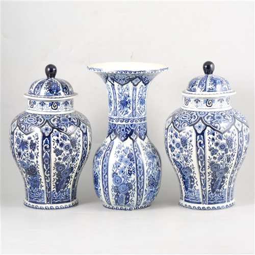 Lot 74 - A pair of Delft pattern covered vases by Boch, a similar vase, and other ceramics.