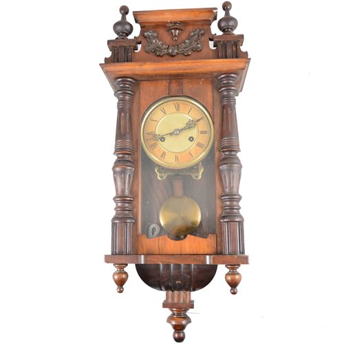Lot 92 - Small Vienna type wall clock, beech case, the movement striking on a gong, approximately 56cm.