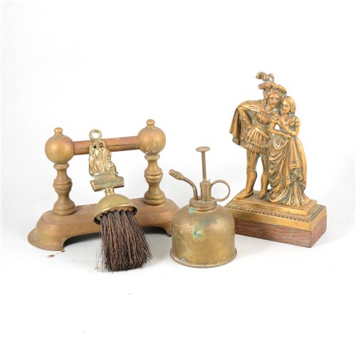 Lot 94 - Two boxes of brass ware, including horse brasses, jam pan, fire pokers, candle sticks etc.