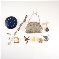 Lot 231 - Selection of costume jewellery, wrist watches, silver plated purse, badges and pens.