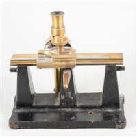 Lot 116 - W G Pye & Co, Cambridge, an iron and brass travelling microscope, 19.5cm.