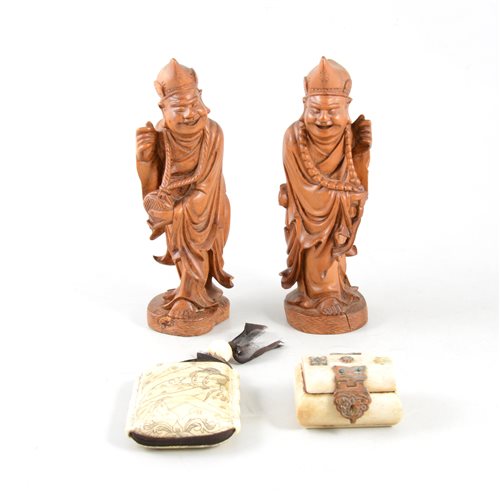 Lot 126 - Japanese bone four-section inro, two carved figures and a small bone casket with hardstone pig.