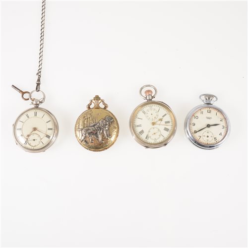 Lot 306 - A collection of pocket watches, a silver open face pocket watch with silver dial having a gilt border and Roman numeral chapter ring