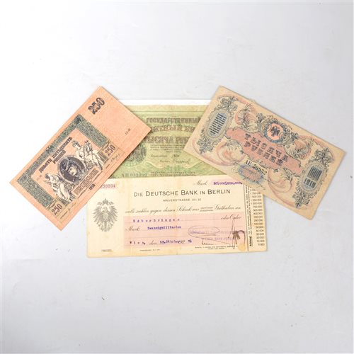 Lot 191 - German 1923 Bankers order 20 Zwanzigmilliarden, and three Russian banknotes.