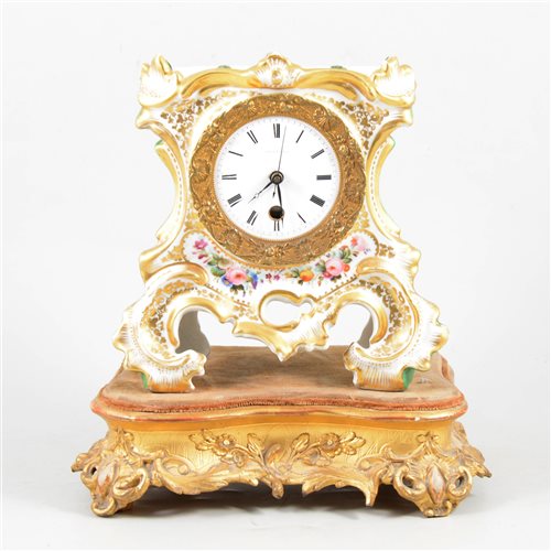 Lot 114 - French porcelain mantel clock, white enamel dial, replaced movement, on a gilt composition plinth.