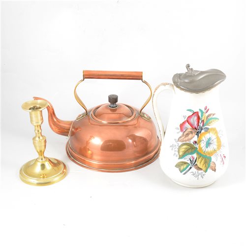Lot 93 - A copper and brass kettle, brass candlestick, ceramic hotwater jug and four coaching prints.