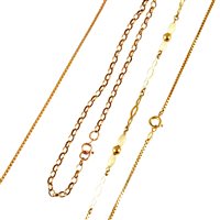 Lot 275 - Three gold chains, a 9 carat yellow gold box link chain 36cm long, approximate weight 4.1gms, a rose metal belcher link ankle chain 24cm, 3.8gms