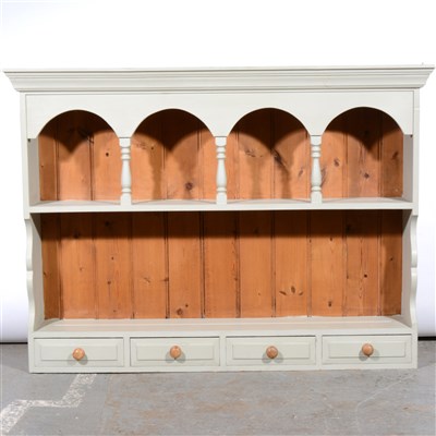 Lot 372 - Grey painted wall unit, with an arcaded shelf, ...
