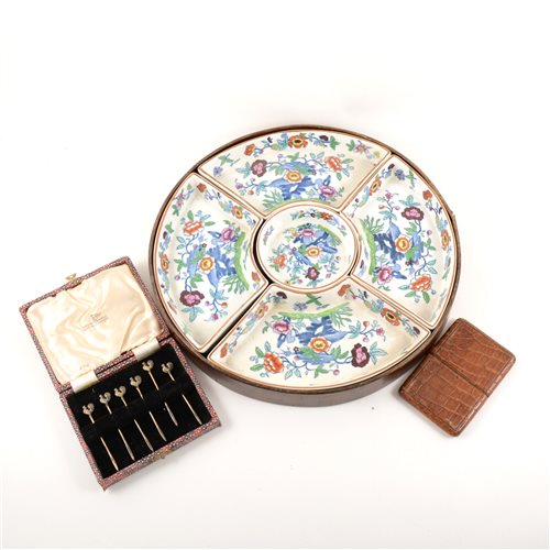 Lot 45 - Booths Pompador pattern hors d'oeuvre tray and dishes, 6 cockerill cocktail sticks (boxed) anda card case