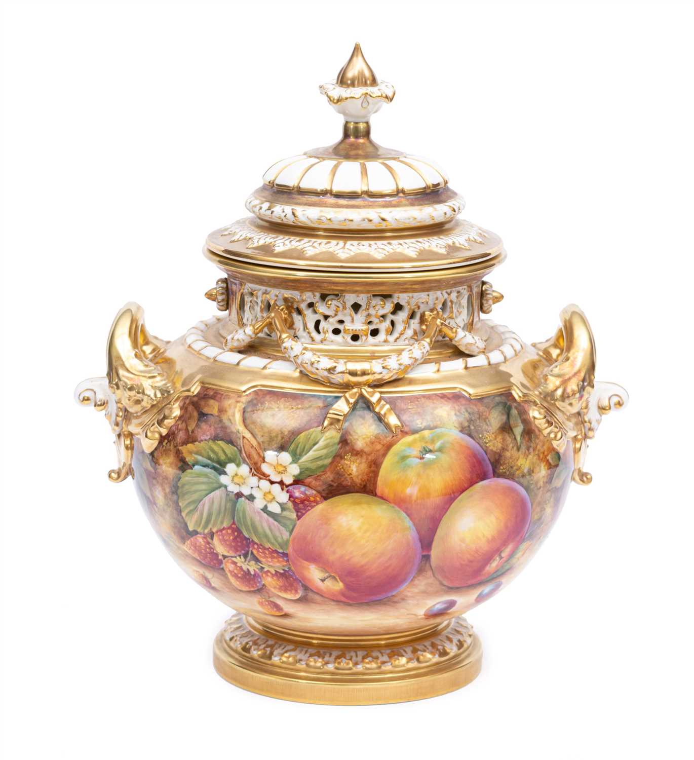 Lot 38 - A large 'Painted Fruit' pot pourri vase and cover, by David Fuller for Royal Worcester.