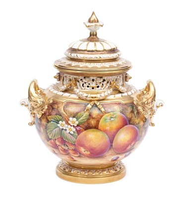 Lot 38 - A large 'Painted Fruit' pot pourri vase and cover, by David Fuller for Royal Worcester.