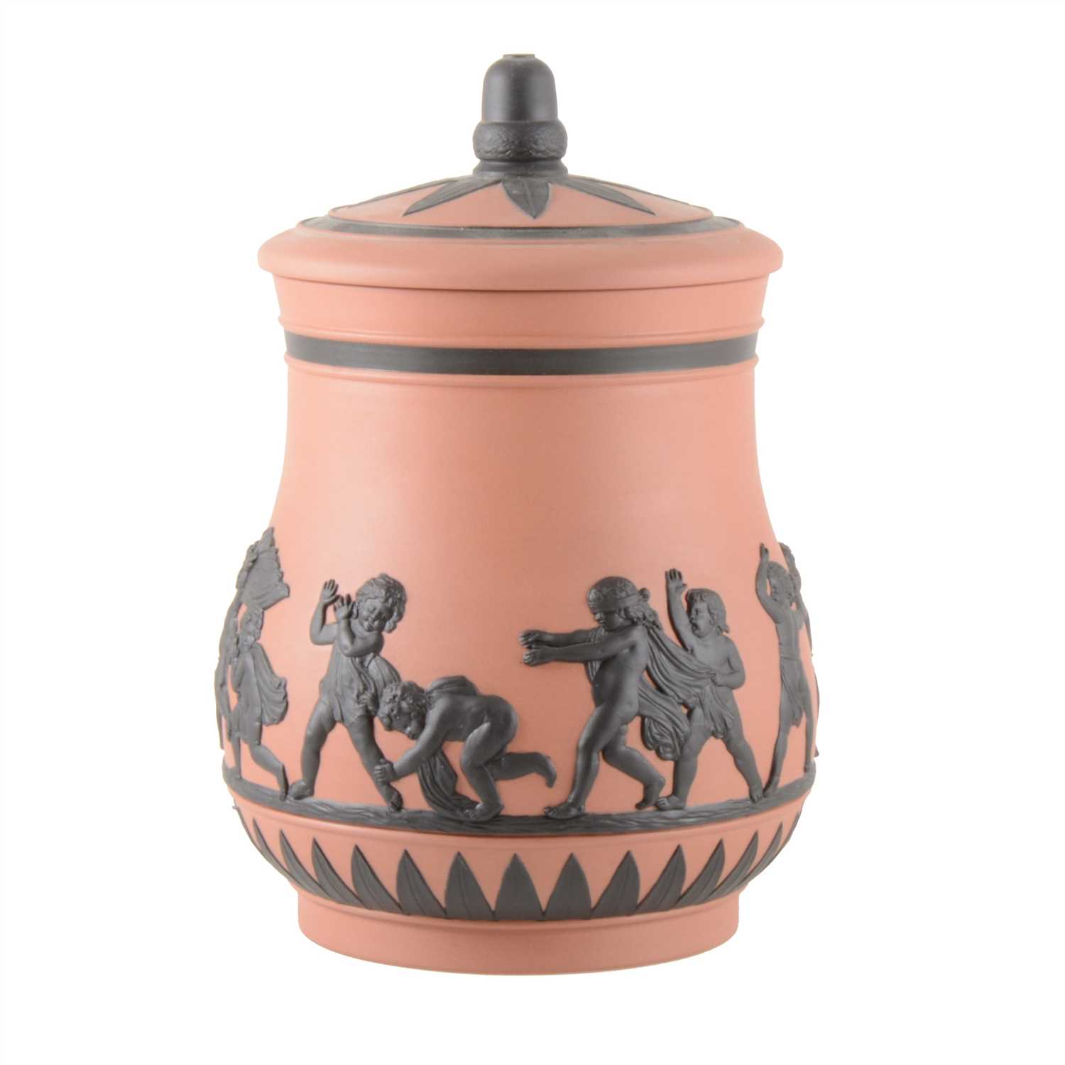 Lot 29 - A Jasperware vase and cover, 'Cherubs at Play', by Wedgwood.