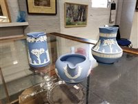 Lot 30 - Three Wedgwood blue Jasperware jugs