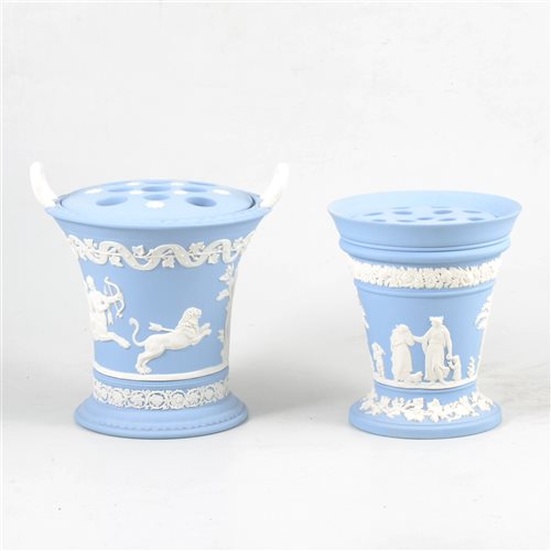 Lot 35 - Two Wedgwood blue jasperware flower vases.