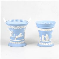 Lot 35 - Two Wedgwood blue jasperware flower vases.