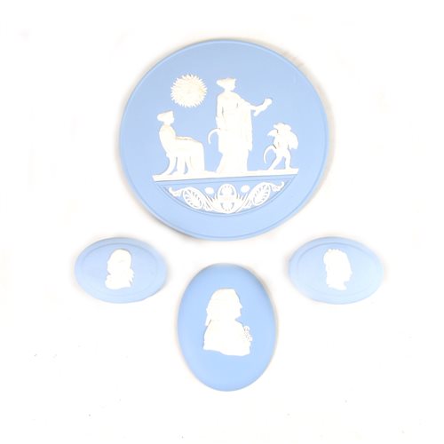 Lot 13 - Two Wedgwood blue Jasperware plaques and two boxes.