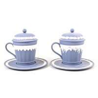 Lot 4 - Pair of Wedgwood Jasperware limited edition covered chocolate cups and saucers/ trembleuses