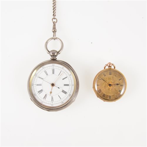 Lot 303 - An 18K outer case fob watch, silver open face pocket watch and small gold cased watch. (3)