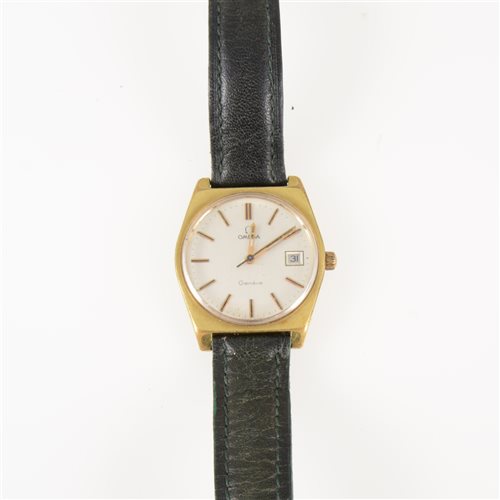 Lot 297 - Omega - a gentleman's Geneve wrist watch, circular silvered baton dial with centre seconds hand and day/date aperture in a gold-plated angular case with stainless steel back, strap model