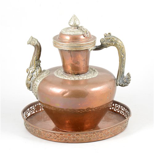 Lot 81 - Turkish copper and white metal coffee pot, and a Chinese copper tray.