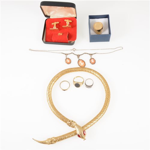 Lot 285 - A box of costume jewellery, gilt metal snake necklace, simulated pearls, cufflinks, rings, brooch, marcasite and cameo necklace, beads etc