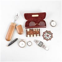 Lot 199 - A tray of small collectables, an inlaid whist marker with small insects, "Automobile Club De Nice et Cote D'Azur" car badge, spectacles, watches (af)